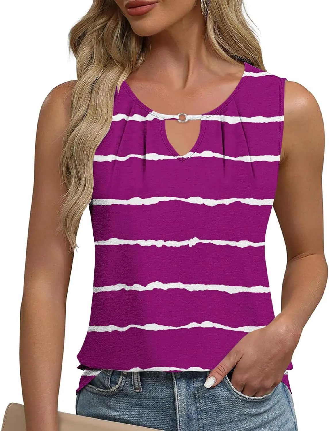 Tank Tops Women Striped Print Sleeveless Blouse Summer Hollow Out V Neck Camisoles Loose Fit Pleated Casual T-Shirt 2025
