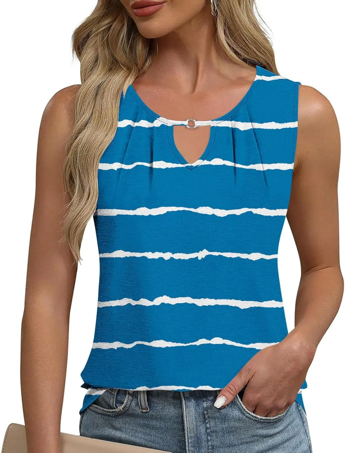 Tank Tops Women Striped Print Sleeveless Blouse Summer Hollow Out V Neck Camisoles Loose Fit Pleated Casual T-Shirt 2025