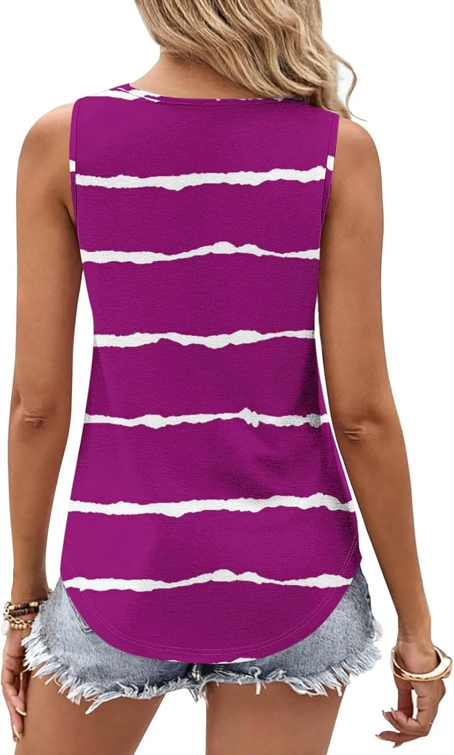 Tank Tops Women Striped Print Sleeveless Blouse Summer Hollow Out V Neck Camisoles Loose Fit Pleated Casual T-Shirt 2025