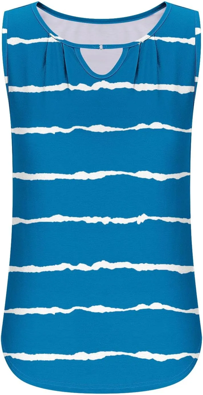 Tank Tops Women Striped Print Sleeveless Blouse Summer Hollow Out V Neck Camisoles Loose Fit Pleated Casual T-Shirt 2025