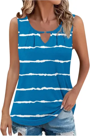 Tank Tops Women Striped Print Sleeveless Blouse Summer Hollow Out V Neck Camisoles Loose Fit Pleated Casual T-Shirt 2025