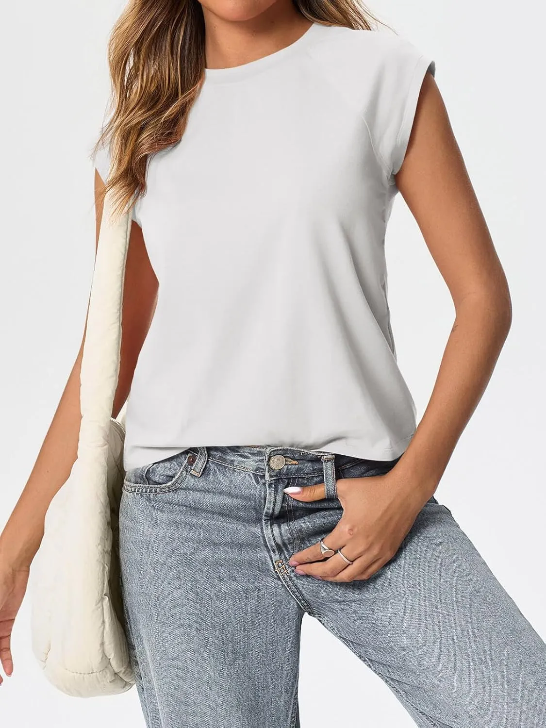 Tankaneo Womens Cap Sleeve Tank Tops Summer Casual Crew Neck Cotton T-Shirts Loose Fit Basic Tee Shirts