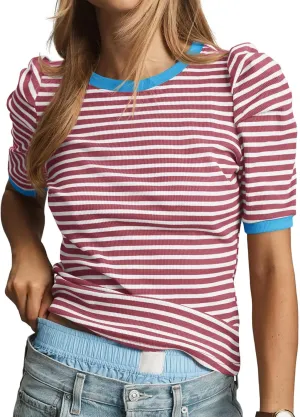 Tankaneo Womens Short Puff Sleeve Tops Trendy Striped Color Block T Shirts Crewneck Casual Shirts