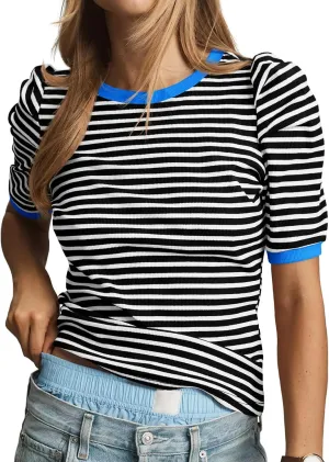 Tankaneo Womens Short Puff Sleeve Tops Trendy Striped Color Block T Shirts Crewneck Casual Shirts