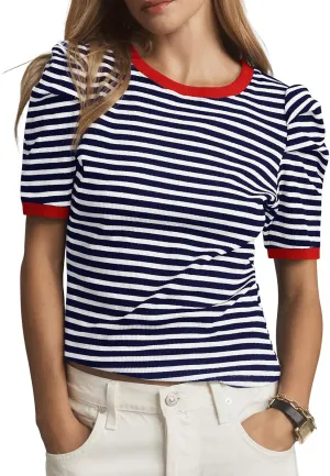Tankaneo Womens Short Puff Sleeve Tops Trendy Striped Color Block T Shirts Crewneck Casual Shirts