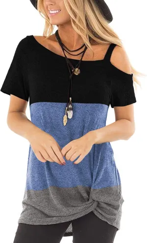 TEMOFON Women Cold Shoulder Tops: Summer Short Sleeve Shirts Casual Twist Knot Blouse T-Shirt S-2XL