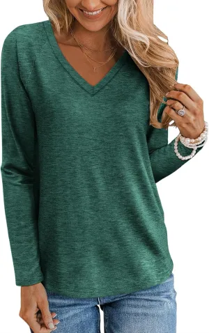TICTICMIMI Women's V Neck Long Sleeve Tops Casual T Shirts Basic Blouse Tees Loose Fit Lightweight Tunic Shirts