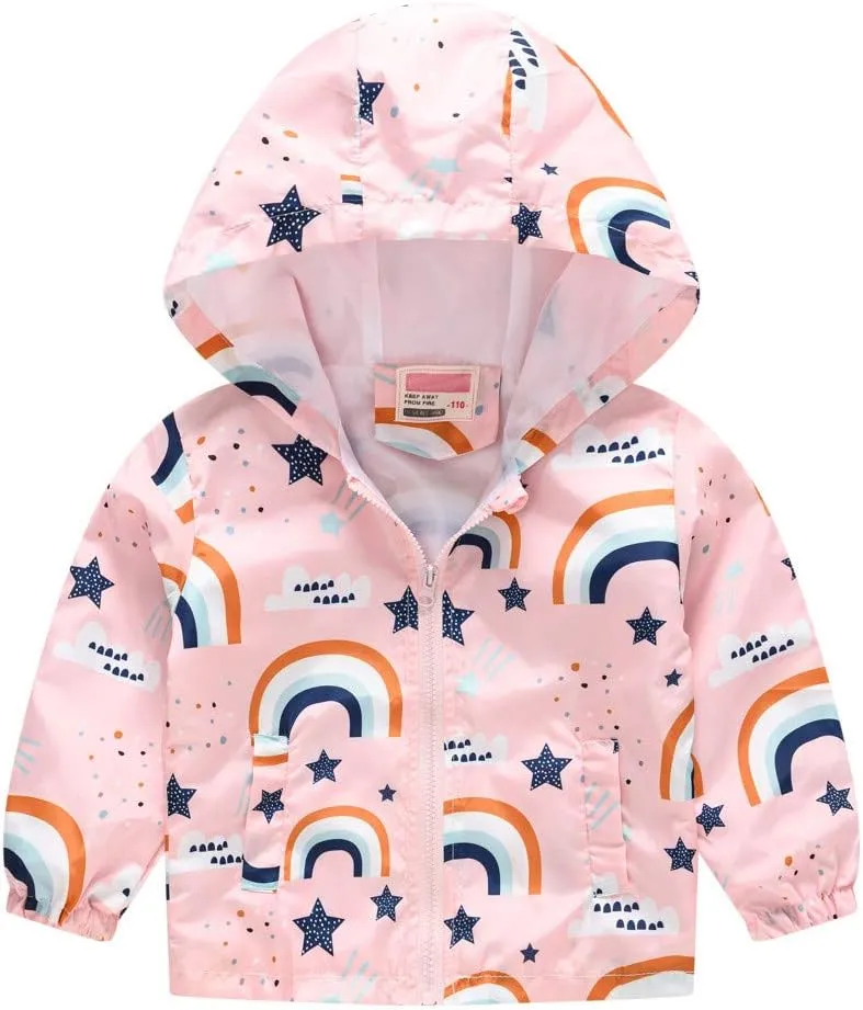 Toddler Boys Girls Sunscreen Hooded Cartoon Print Zip Jacket Trench Lightweight Kids Coats Windbreaker Casual Outerwear