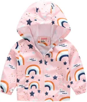 Toddler Boys Girls Sunscreen Hooded Cartoon Print Zip Jacket Trench Lightweight Kids Coats Windbreaker Casual Outerwear