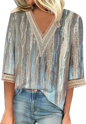 Tops for Women with Sleeves 3/4 Sleeve Shirts Lace V Neck Dressy Tops Trendy Summer Floral Blouses