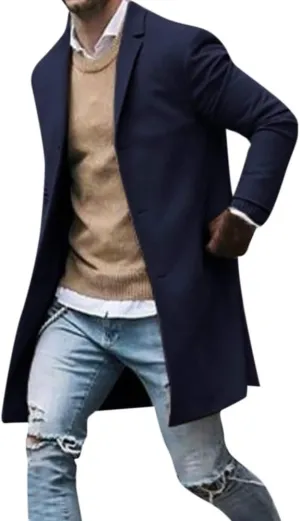 Trench Coat Men Men's Casual Notched Collar Plaid Single Breasted Wool Blend Formal Trench Top Coat