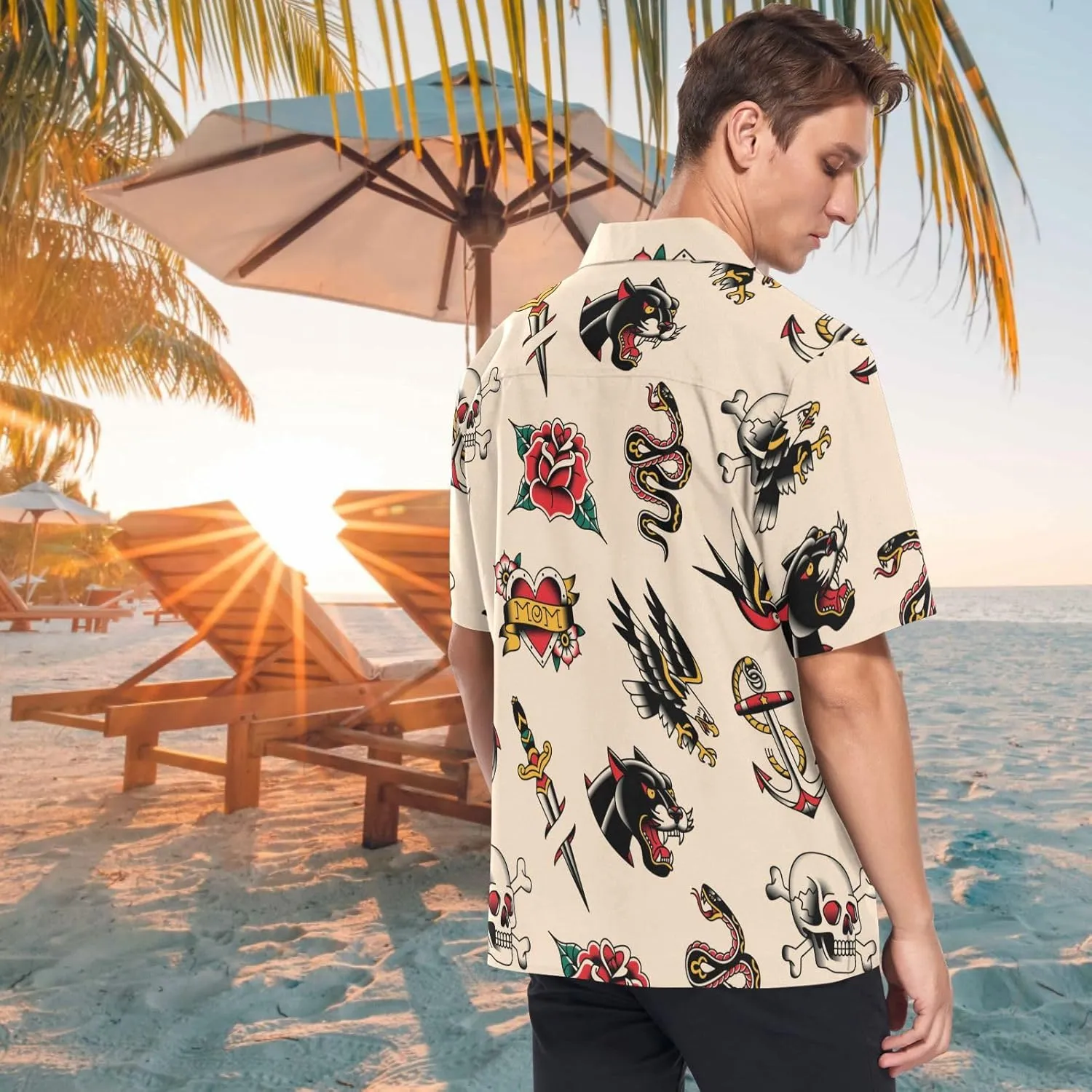 visesunny Stylish Men's Seasonal Hawaiian Print Button Down Short Sleeve Shirt Beach Clothing Unisex S-XXXL