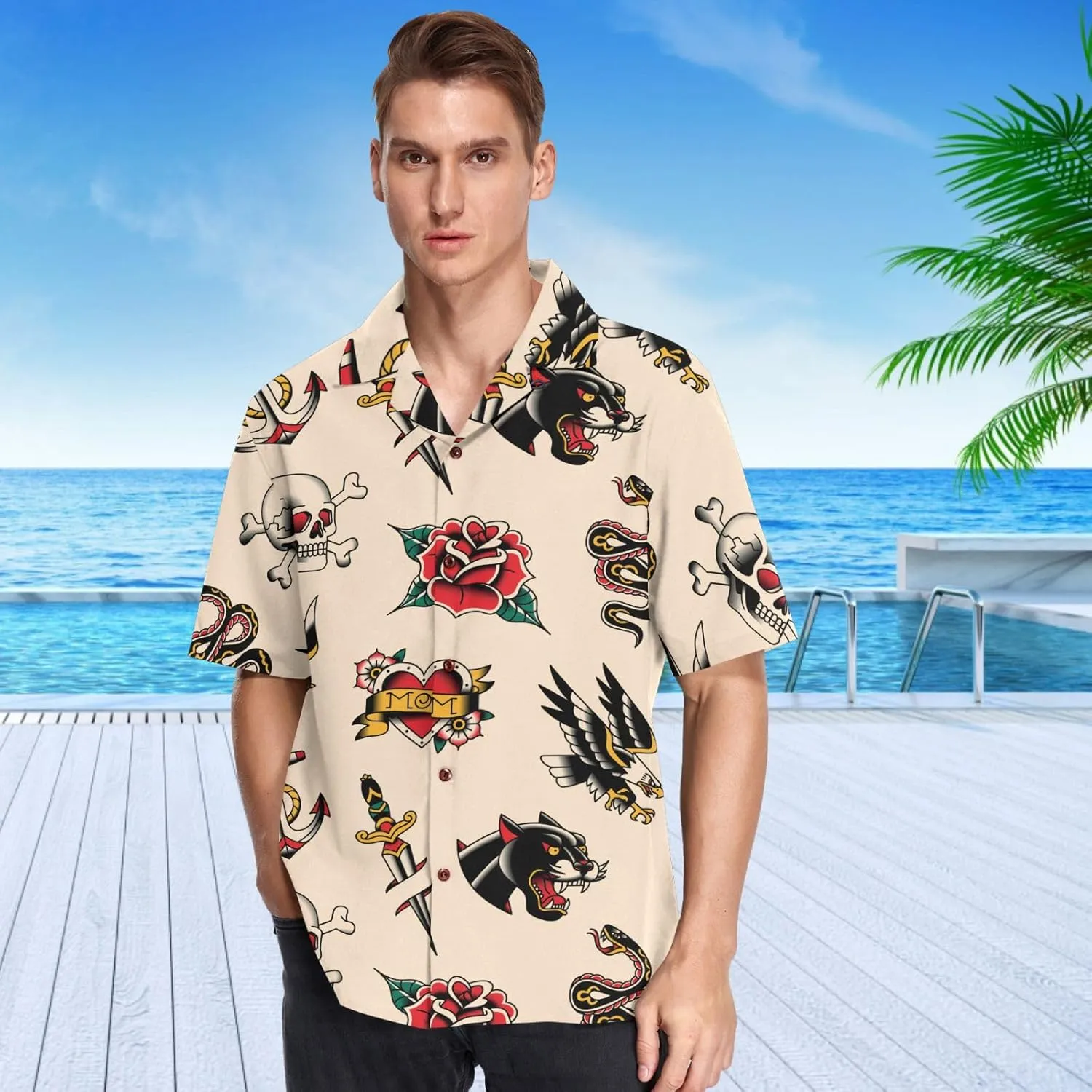 visesunny Stylish Men's Seasonal Hawaiian Print Button Down Short Sleeve Shirt Beach Clothing Unisex S-XXXL