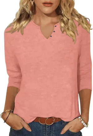 Woffccrd Womens Casual 3/4 Sleeve T-Shirts Button V Neck Summer Tunic Tops Loose Fit Shirts Solid Basic Tops