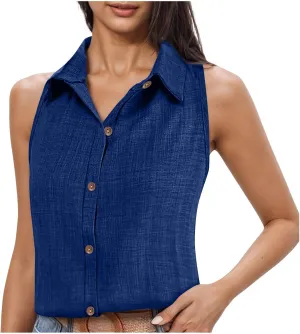 Women Linen Vest Summer Sleeveless Button Down Shirts Collared Tops Dressy Casual Business Office Work Clothes