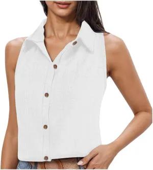 Women Linen Vest Summer Sleeveless Button Down Shirts Collared Tops Dressy Casual Business Office Work Clothes