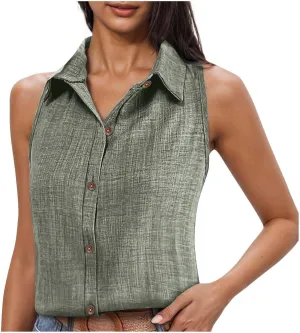 Women Linen Vest Summer Sleeveless Button Down Shirts Collared Tops Dressy Casual Business Office Work Clothes
