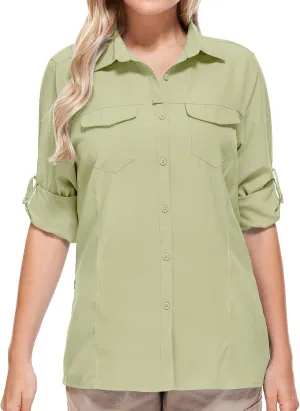 Women UPF 50  Sun Protection Safari Shirts Quick Dry Lightweight Outdoor Fishing Hiking Travel Shirts with Zipper Pockets,5073 Khaki M