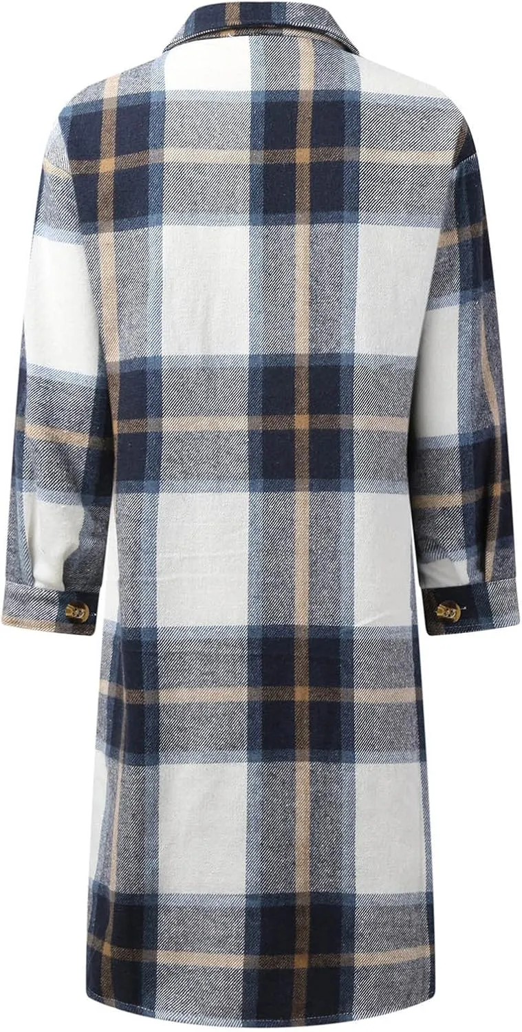 Womens 2023 Fall Flannel Shacket Jacket Brushed Plaid Shirts Outerwear Casual Lapel Button Down Tartan Trench Coat