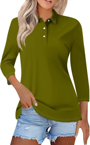 Womens 3/4 Sleeve Polo Shirts 2024 Fall Dressy Button Down Collared Blouses Solid Tunic Tops for Work Golf