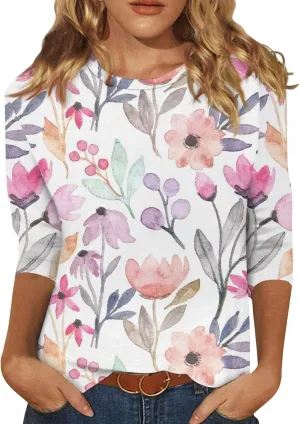 Womens 3/4 Sleeve Tops 2025 Spring Print Round Neck Shirts Loose Fit Three Quarter Sleeve Tshirts