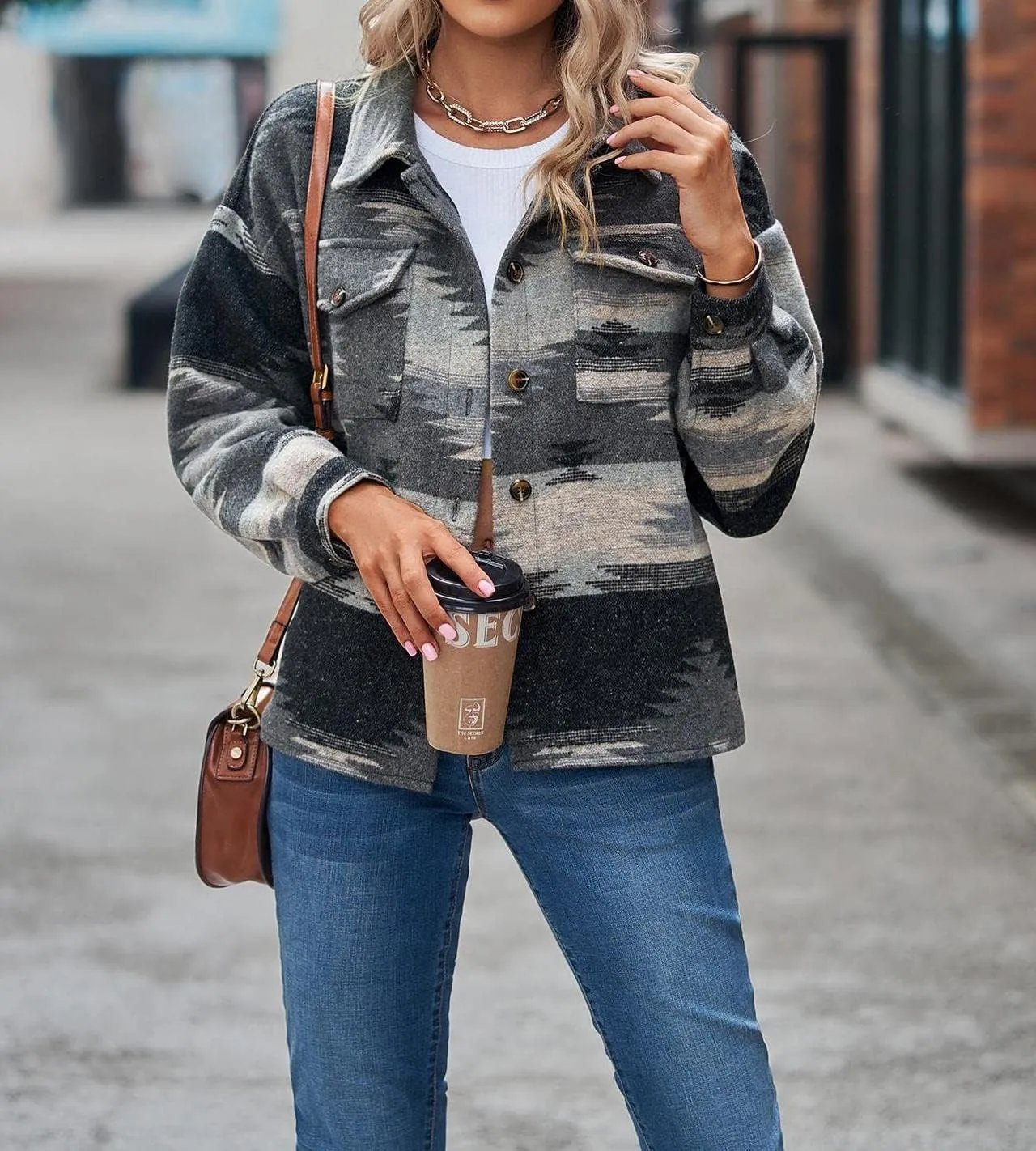 Womens Aztec Shacket Jacket Long Sleeve Flannel Lapel Button Down Shirts Shacket Jacket Coats Country Western Coats
