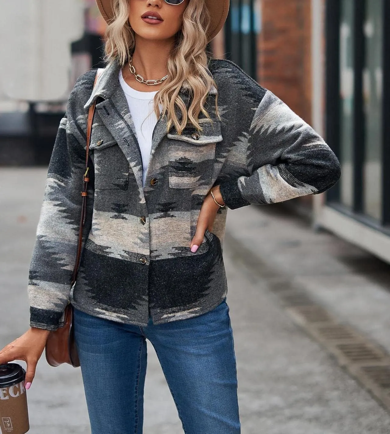 Womens Aztec Shacket Jacket Long Sleeve Flannel Lapel Button Down Shirts Shacket Jacket Coats Country Western Coats