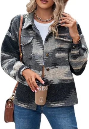 Womens Aztec Shacket Jacket Long Sleeve Flannel Lapel Button Down Shirts Shacket Jacket Coats Country Western Coats