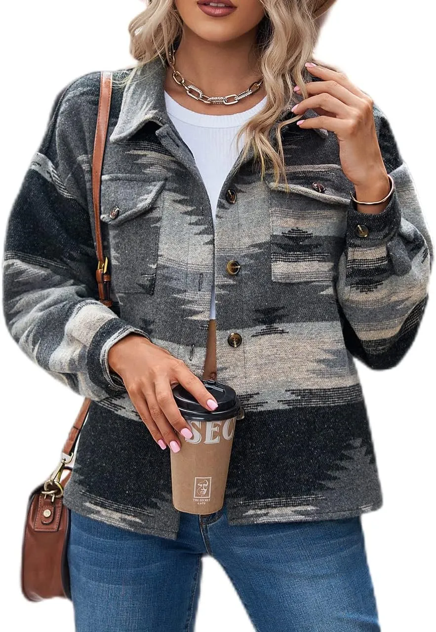 Womens Aztec Shacket Jacket Long Sleeve Flannel Lapel Button Down Shirts Shacket Jacket Coats Country Western Coats