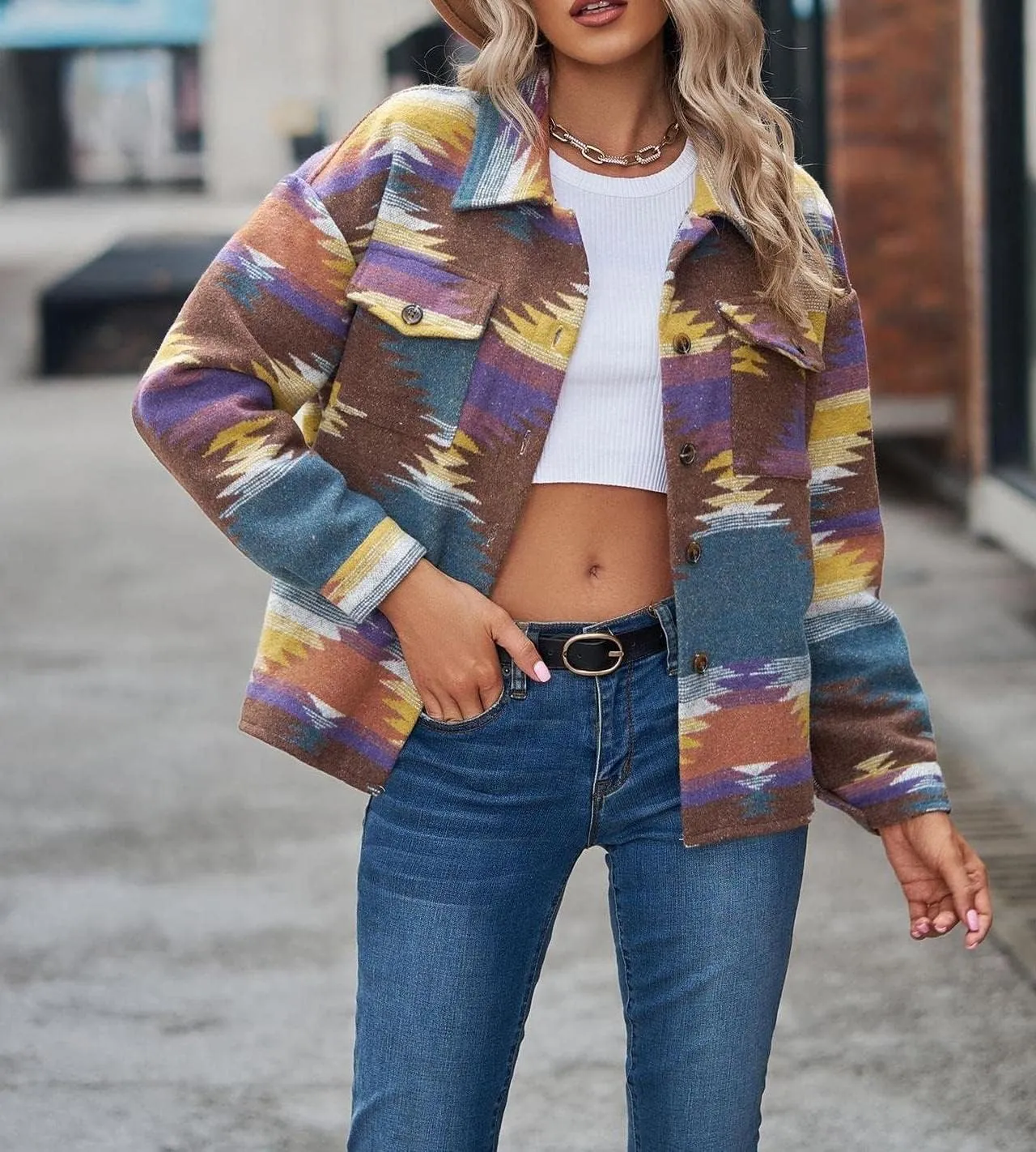 Womens Aztec Shacket Jacket Long Sleeve Flannel Lapel Button Down Shirts Shacket Jacket Coats Country Western Coats