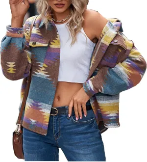 Womens Aztec Shacket Jacket Long Sleeve Flannel Lapel Button Down Shirts Shacket Jacket Coats Country Western Coats