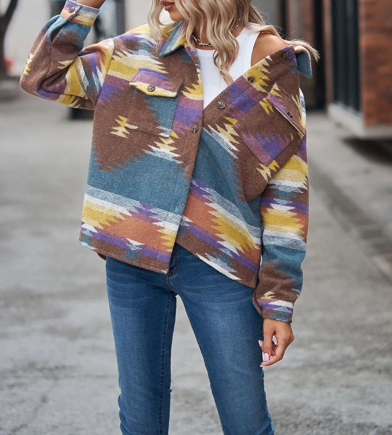 Womens Aztec Shacket Jacket Long Sleeve Flannel Lapel Button Down Shirts Shacket Jacket Coats Country Western Coats