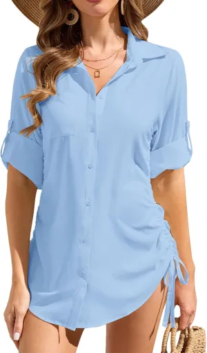 Womens Bathing Suit Cover Up Swimsuit Cover Up for Women Drawstring Button Down UV Sun Protection Beach Dress Shirt