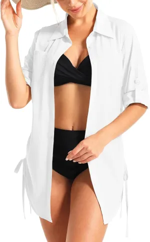 Womens Bathing Suit Cover Up Swimsuit Cover Up for Women Drawstring Button Down UV Sun Protection Beach Dress Shirt