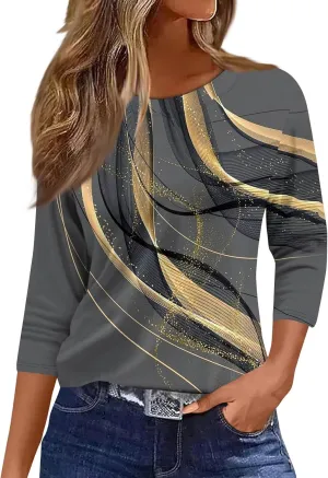 Women's Casual Crew-Neck 3/4 Sleeve Floral Print Loose Blouse Top for Spring Summer Fashion Outfit 2025