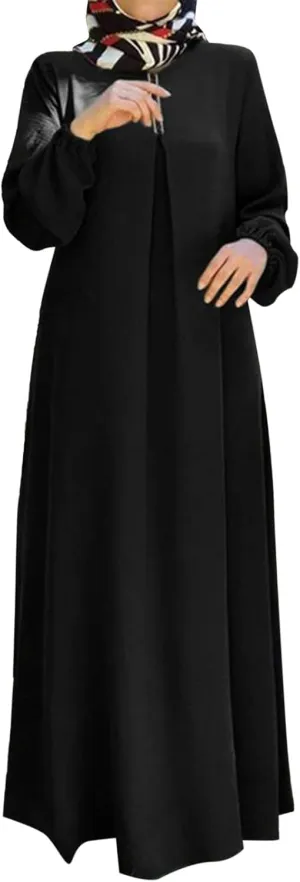 Womens Casual Maxi Dress Chiffon Long Sleeve Mock Neck Robe Abaya Muslim Ramadan Dress Flowy Islamic Evening Gown