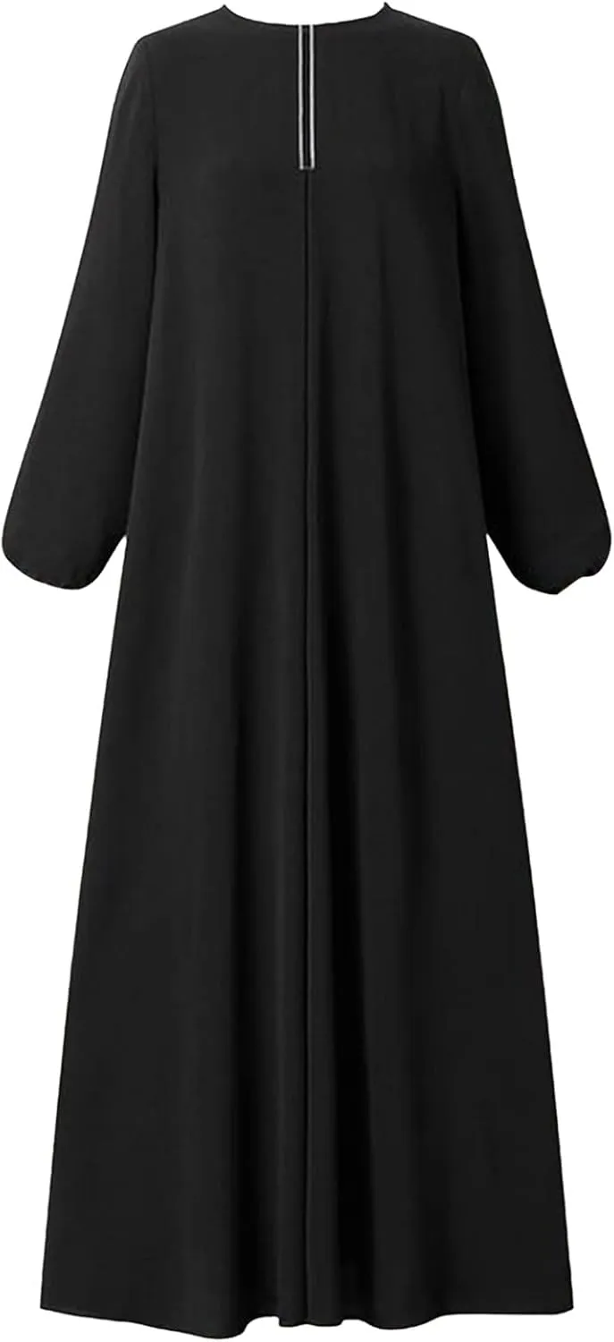Womens Casual Maxi Dress Chiffon Long Sleeve Mock Neck Robe Abaya Muslim Ramadan Dress Flowy Islamic Evening Gown
