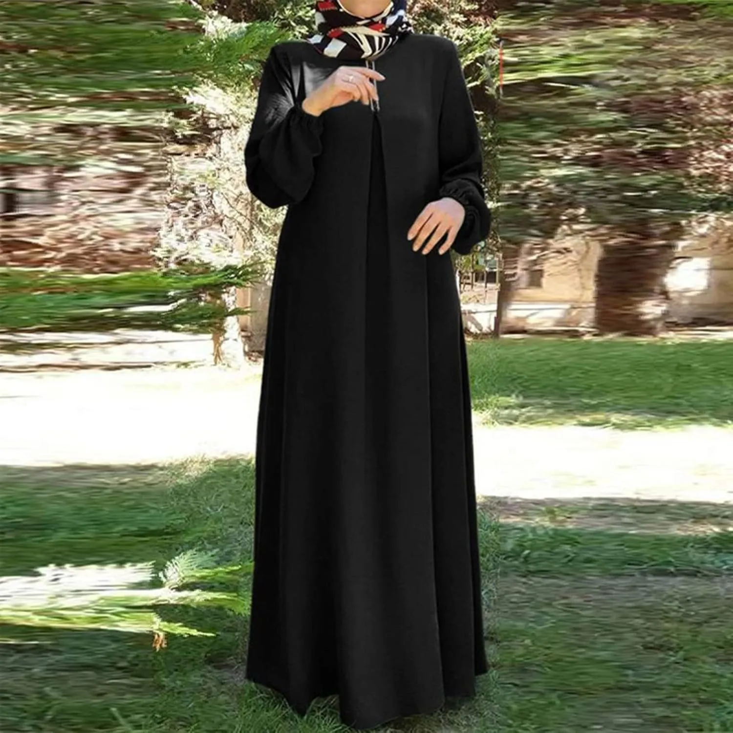 Womens Casual Maxi Dress Chiffon Long Sleeve Mock Neck Robe Abaya Muslim Ramadan Dress Flowy Islamic Evening Gown
