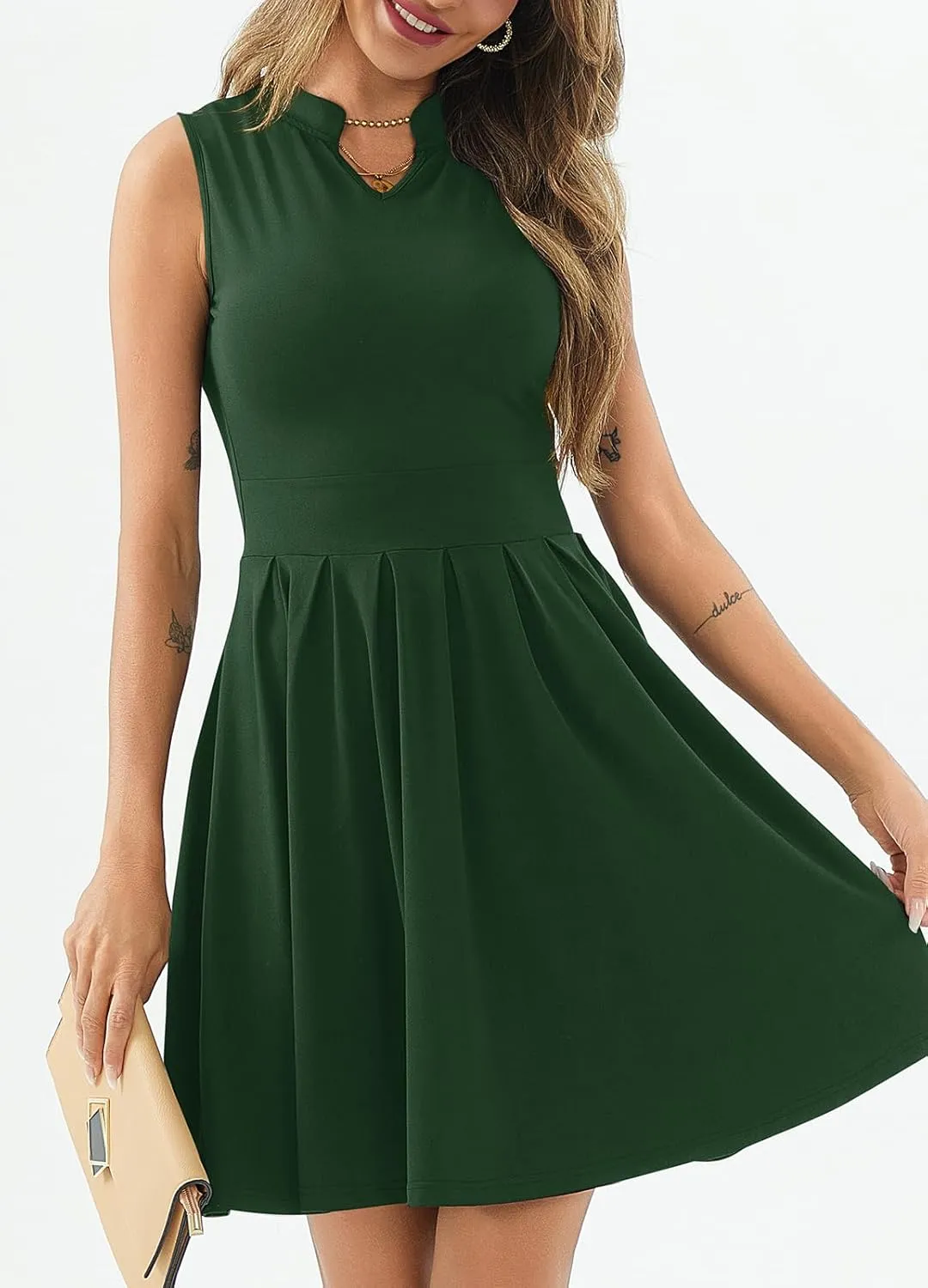 Women's Casual Work Summer Dress V Neck Sleeveless Pleated Beach Sundresses Boho Midi Swing Dresses