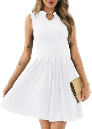 Women's Casual Work Summer Dress V Neck Sleeveless Pleated Beach Sundresses Boho Midi Swing Dresses
