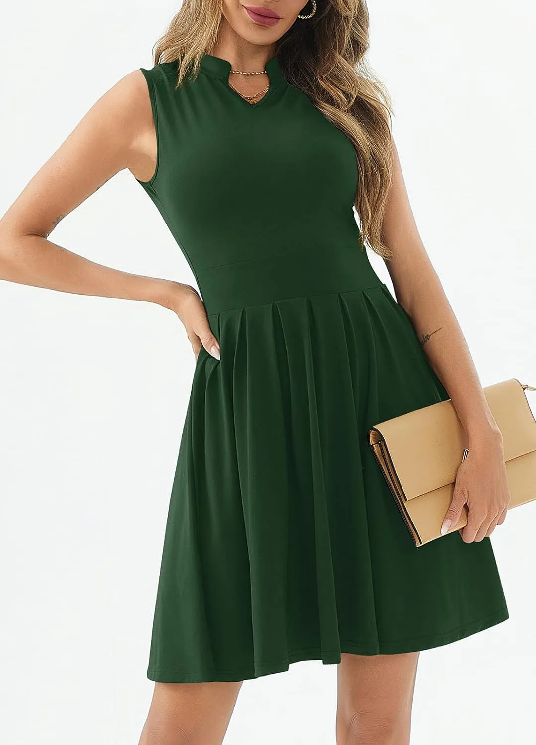 Women's Casual Work Summer Dress V Neck Sleeveless Pleated Beach Sundresses Boho Midi Swing Dresses