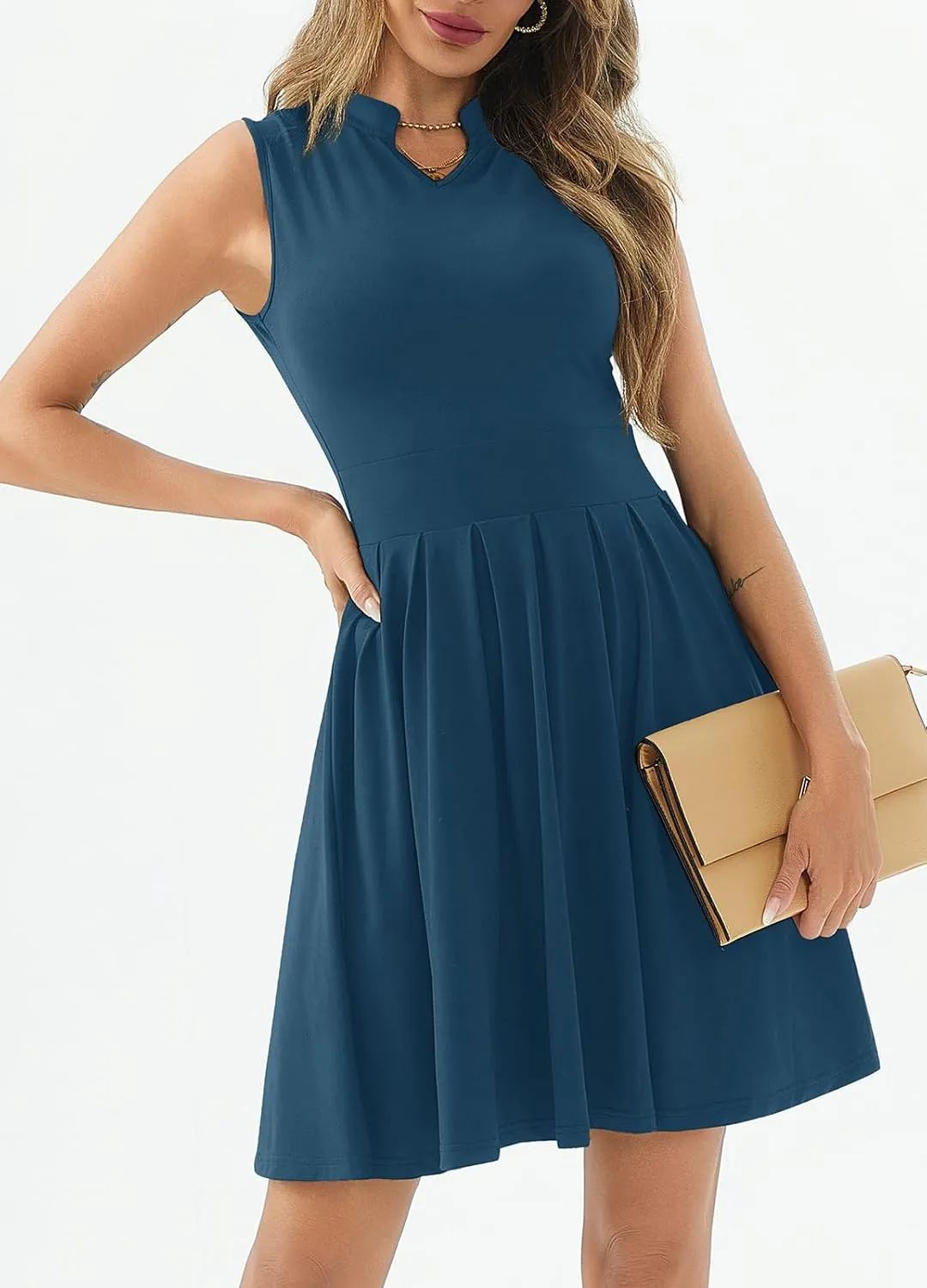 Women's Casual Work Summer Dress V Neck Sleeveless Pleated Beach Sundresses Boho Midi Swing Dresses