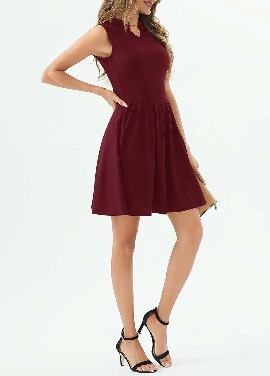 Women's Casual Work Summer Dress V Neck Sleeveless Pleated Beach Sundresses Boho Midi Swing Dresses