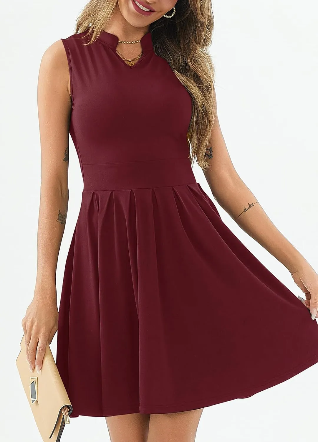 Women's Casual Work Summer Dress V Neck Sleeveless Pleated Beach Sundresses Boho Midi Swing Dresses