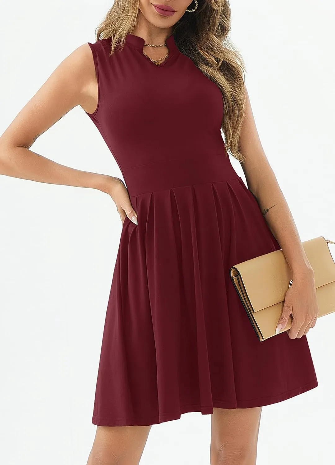 Women's Casual Work Summer Dress V Neck Sleeveless Pleated Beach Sundresses Boho Midi Swing Dresses