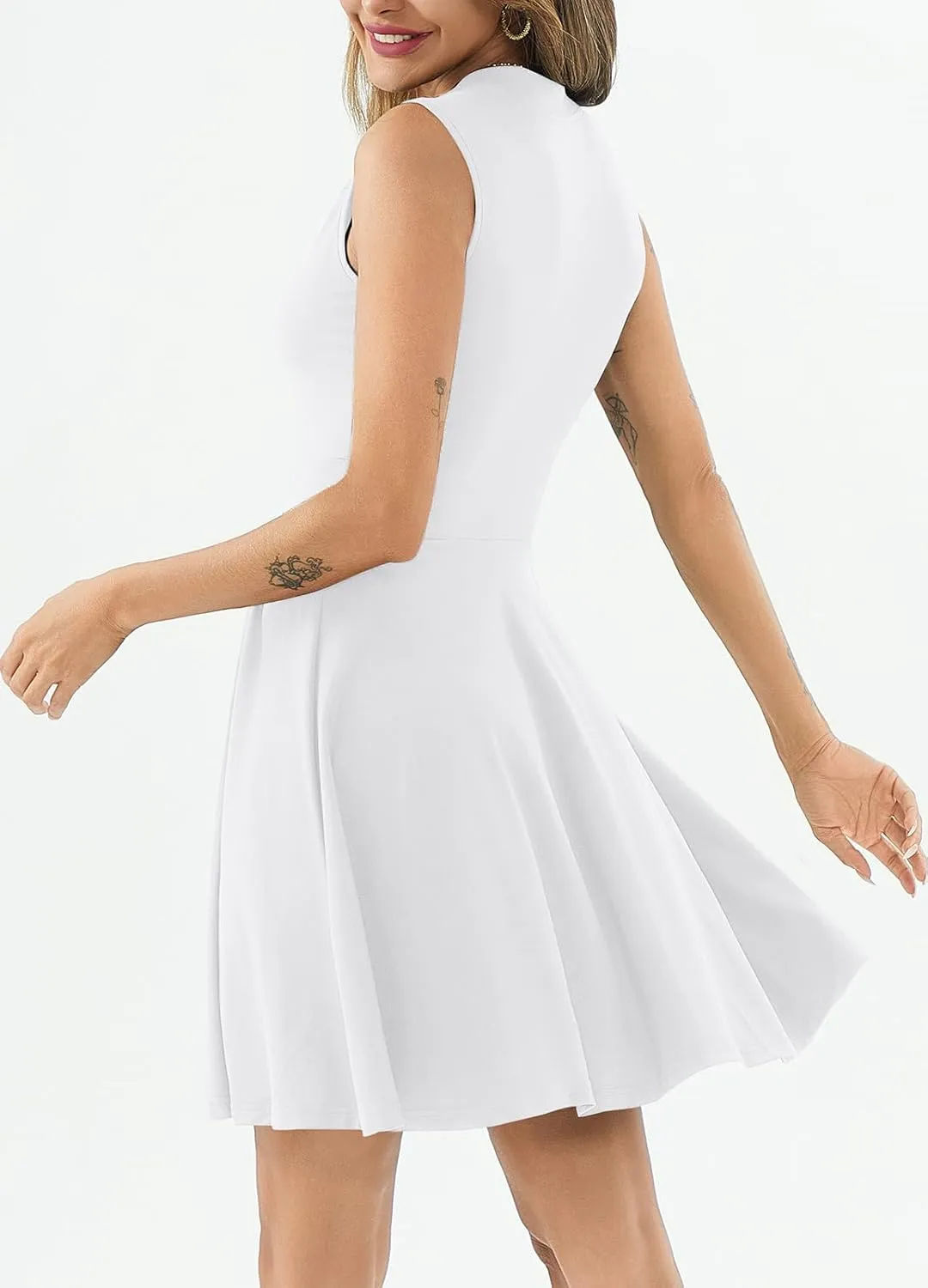 Women's Casual Work Summer Dress V Neck Sleeveless Pleated Beach Sundresses Boho Midi Swing Dresses