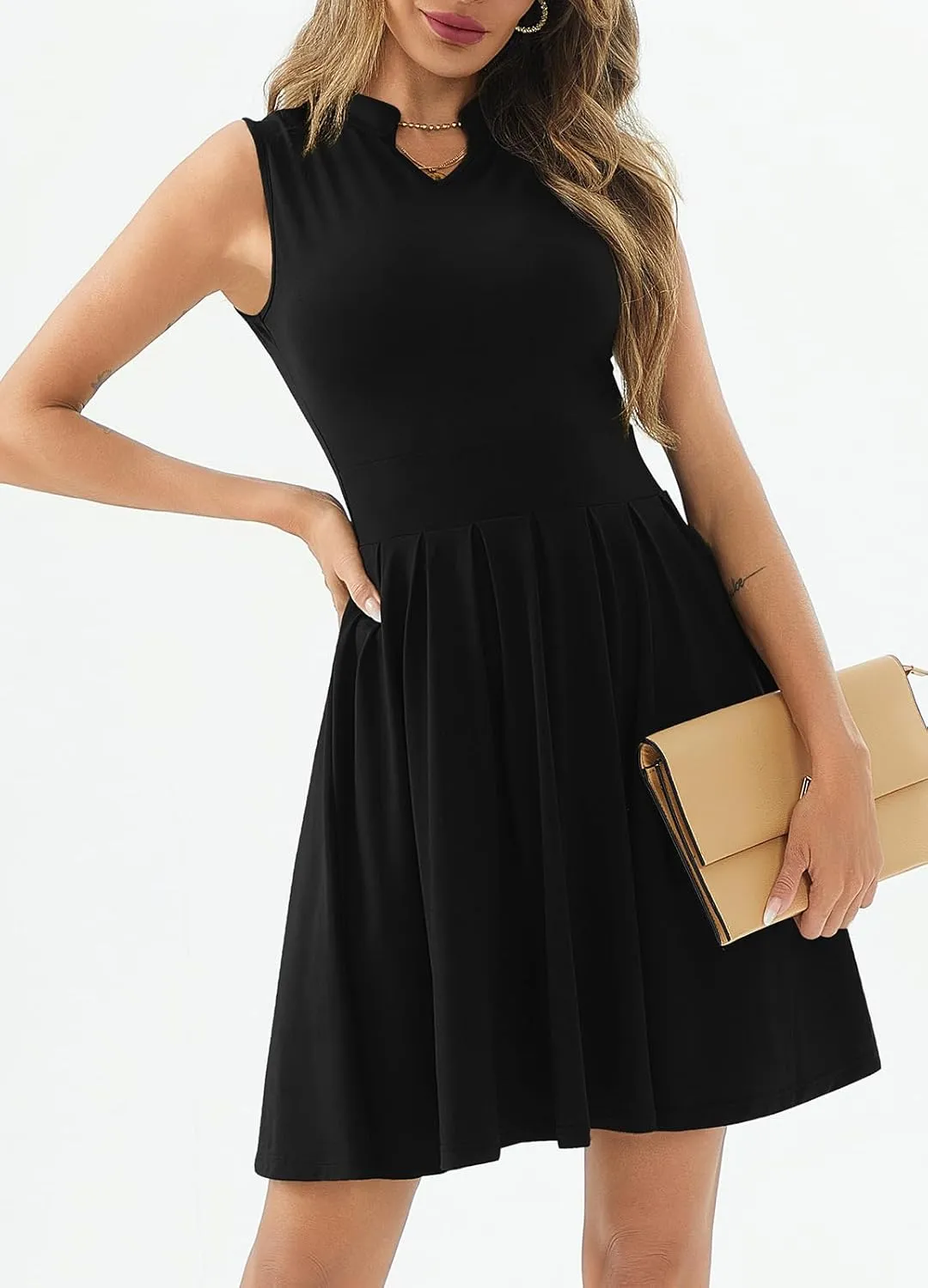 Women's Casual Work Summer Dress V Neck Sleeveless Pleated Beach Sundresses Boho Midi Swing Dresses
