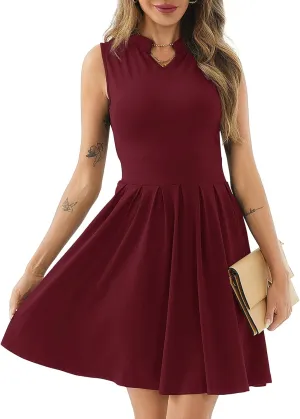 Women's Casual Work Summer Dress V Neck Sleeveless Pleated Beach Sundresses Boho Midi Swing Dresses