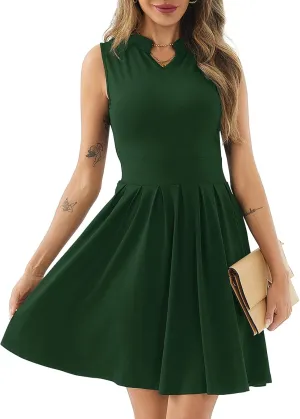 Women's Casual Work Summer Dress V Neck Sleeveless Pleated Beach Sundresses Boho Midi Swing Dresses