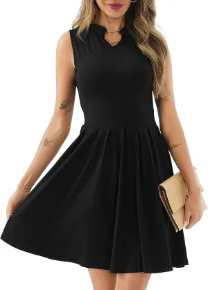 Women's Casual Work Summer Dress V Neck Sleeveless Pleated Beach Sundresses Boho Midi Swing Dresses